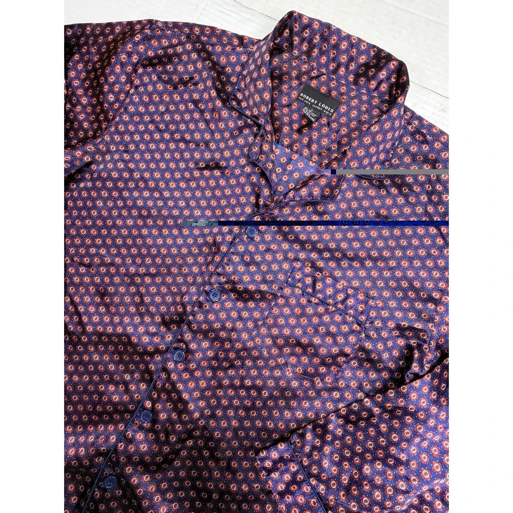 Robert Louis Men's Large Silk Blend Pajama Set Blue Red Print Button Front